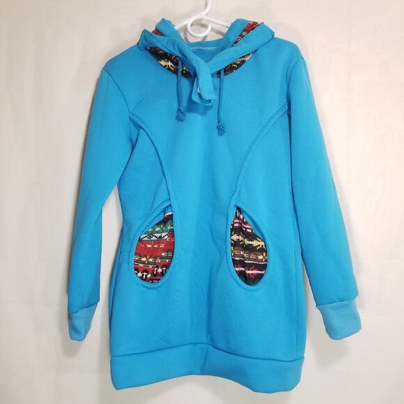 Funky fleece lined hooded sweatshirt turquoise S - Picture 1 of 7